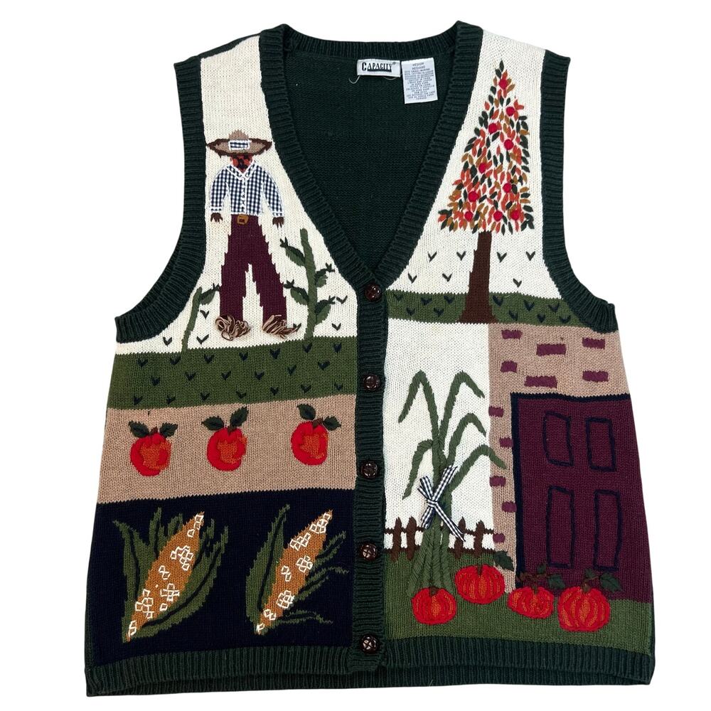 Vintage 90s Fall Embroidered Scarecrow Pumpkin Apples Corn Sweater Vest (Sz M)